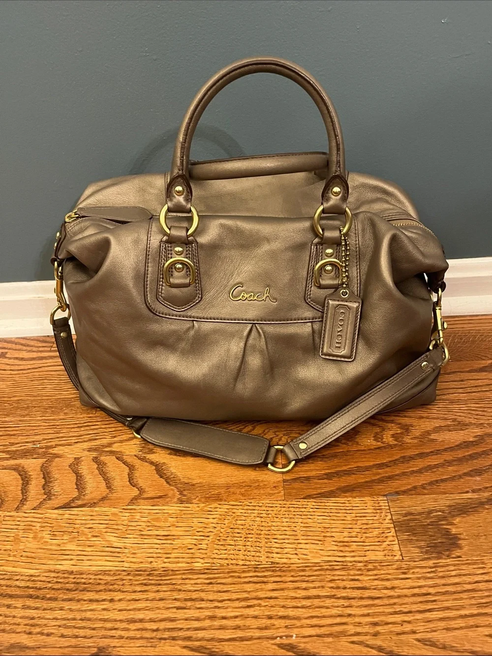 Coach ASHLEY Leather Satchel Handbag Metallic Bronze/Gunmetal no F15447